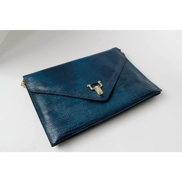 Blue Envelope Clutch Embossed Leather Bag Vintage Gift Accessories Made in Korea - Picture 7 of 7